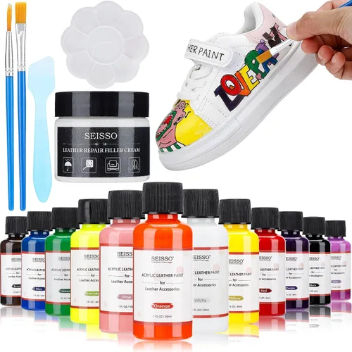 Kit de reparación de vinilo y cuero, 12 colores de pintura acrílica para cuero para zapatos, zapatillas, muebles de cuero, bolsos, asiento de coche,