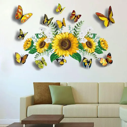Miniatura 5 de Calcomanías de pared de girasol con mariposa 3D, calcomanías de pared de flores amarillas, SPRT impermeable y extraíble, calcomanías de pared