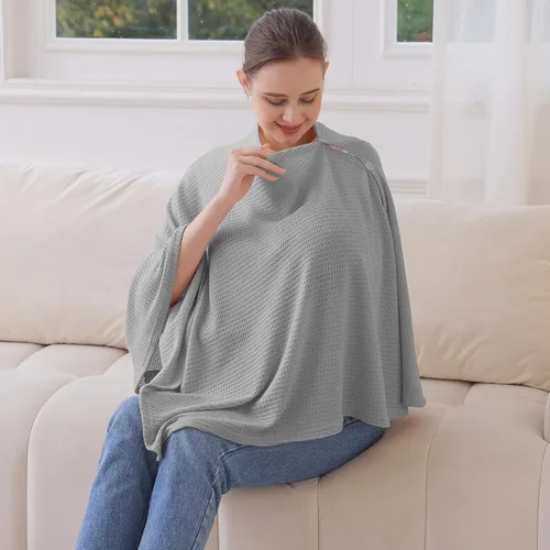 Miniatura 5 de Funda de lactancia de punto para lactancia materna, transpirable y suave, cuello ancho con elástico para una fácil visión (gris)