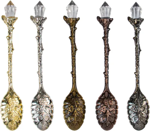 AUEAR, Juego de cucharas decorativas de aleación antigua de cristal retro, para café, té, postre, mini helado, para oficina en casa (paquete de 5)