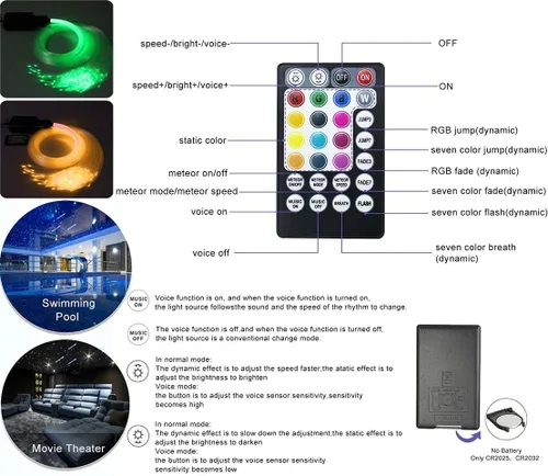 Miniatura 8 de AZIMOM Kit de Luminarias de Fibra Óptica Starlight Activadas por Sonido de 16W, 550pcs, Hebras de Fibra de 0.03in 13.1ft, Luz Pura Blanca, Modo
