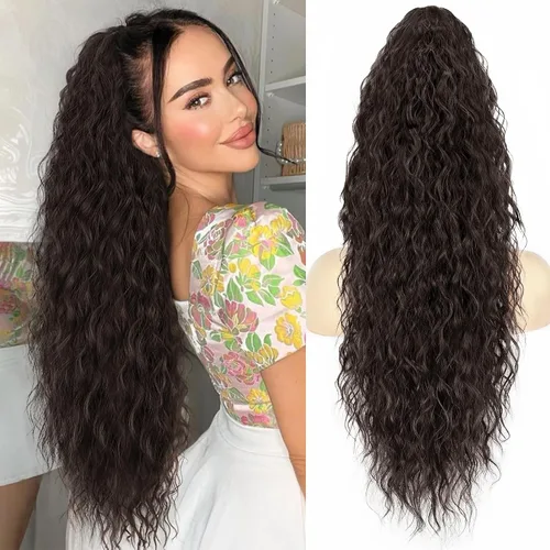 Miniatura 14 de ALXNAN Cola de caballo con clip de garra, extensión de cola de caballo marrón oscuro de 26 pulgadas para mujer, extensiones de cabello sintético