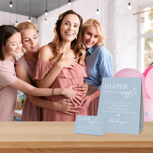 Miniatura 5 de Juegos de baby shower, 1 letrero de pie para rifas de pañales con 50 boletos para rifas de pañales, decoraciones y suministros para fiesta de baby