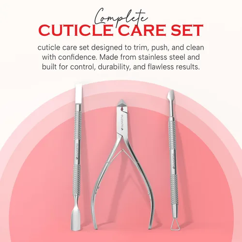 Miniatura 2 de Suvorna Alicates de cutículas con empujador de cutículas, raspador de uñas y removedor de gel, juego profesional de cortadoras de cutículas de acero