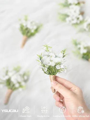Miniatura 4 de Boutonnieres de aliento de bebé para hombre, juego de 2, blanco natural para novio y padrinos de boda con pin para boda rústica de otoño, vintage