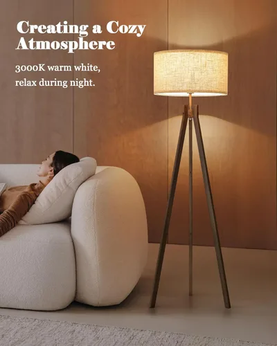 Miniatura 5 de ELYONA Lámpara de pie de trípode de madera estilo granja, lámpara de pie moderna de lectura con bombilla LED de 3 temperaturas de color y pantalla
