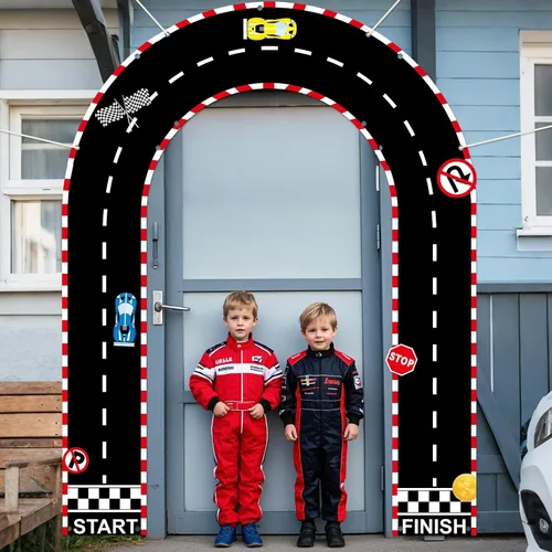 Miniatura 4 de 3 piezas de decoración de cumpleaños de coche de carreras, cartel arqueado de tela para porche, telón de fondo de arco de coche de carreras