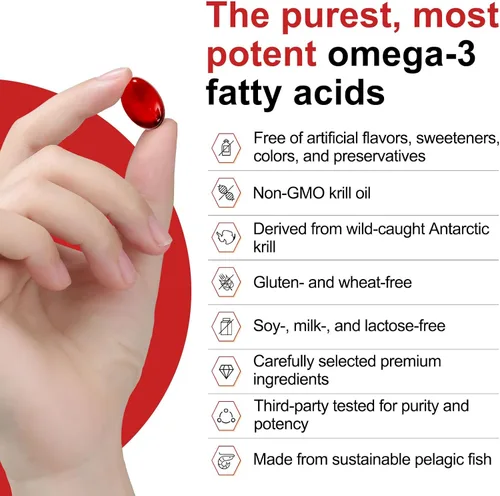 Miniatura 4 de Aceite de krill antártico – Aceite de krill omega 3 capturado en la naturaleza, 500 mg con EPA, DHA, astaxantina y fosfolípidos – Cerebro, corazón