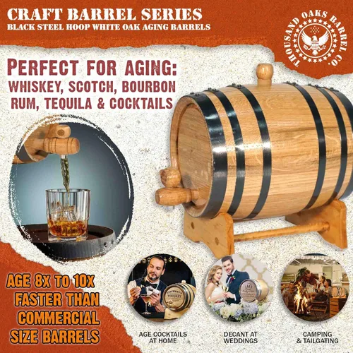 Miniatura 2 de Barril de envejecimiento de 1 galón de roble (5 litros) con soporte, tapón y canilla - Mini barril de madera para whisky - Barriles de roble
