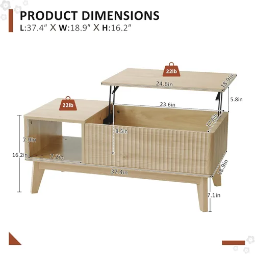 Miniatura 2 de LYNCOHOME Mesa de Centro con Tapa Elevable Acanalada con Almacenamiento, Mesa de Centro Moderna para Sala de Estar, Oficina en Casa (Natural)
