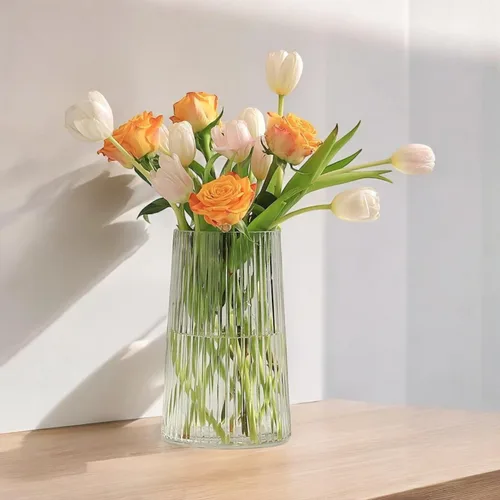 Miniatura 5 de Enova Floral Jarrón de vidrio acanalado transparente para flores, 4.0 pulgadas de ancho y 8.0 pulgadas de alto, florero de flores para ramo, moderno