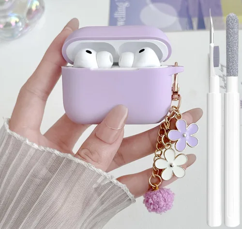 Miniatura 19 de Bonita funda negra para Airpods de 2ª/1ª generación para niñas y mujeres, con llavero de pompón de flores y kit de limpieza, funda protectora tipo