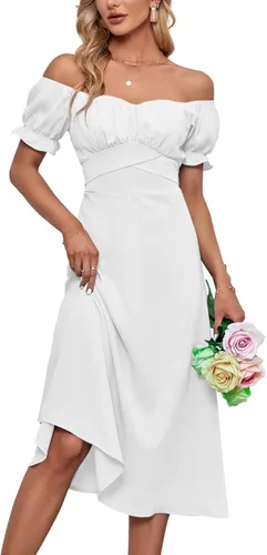 LYANER - Vestido fruncido con hombros descubiertos, volantes, cruzado, de manga corta y abombada, para atar por detrás