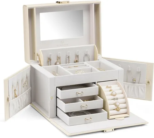 Vlando Organizador de joyero con espejo, caja de almacenamiento de joyería de cuero, collares, aretes, anillos, soportes, relojes, caja, color