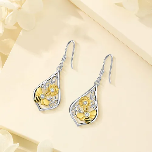 Miniatura 173 de Aretes colgantes de plata de ley con diseño de árbol de la vida, flor, abeja, animales, gato, colibrí, piedra lunar, turquesa, aretes con cierre