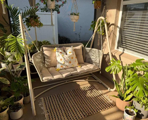 PURPLE LEAF Silla Columpio Nube de 2 Asientos con Soporte Banco Deslizante Loveseat de Mimbre para Patio Colgante Balanceante para Interior Exterior