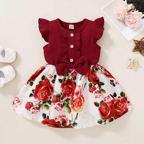 Miniatura 2 de Vestido de verano para niña pequeña, sin mangas, con volantes, con lazo, falda floral y empalme