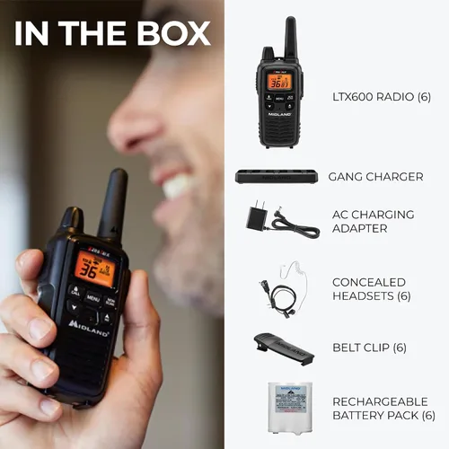 Miniatura 5 de LXT600BBX6 Midland LXT600BBX6 FRS Walkie Talkies de Negocios – Radios de Dos Vías de Largo Alcance de 36 Canales con Auriculares y Base de Carga