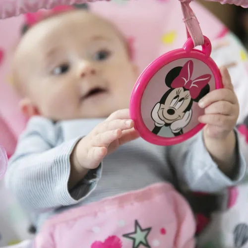Miniatura 4 de Bright Starts Disney Baby Minnie Mouse Balancín para bebé con vibraciones relajantes y peluche Asiento para bebé - Barra de juguete extraíble, pies