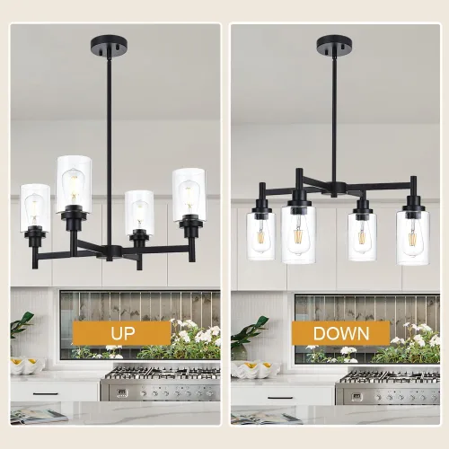 Miniatura 5 de Lámpara de araña de cristal de 4 luces estilo granja, negra, para cocina, iluminación colgante con cilindro de cristal transparente para comedor