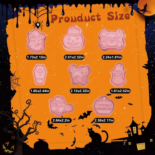 Miniatura 3 de Cortadores de galletas de Halloween, 8 sellos de galletas con linda calabaza, fantasma, gato, cráneo, búho, bruja y ataúd, impresión 3D mini