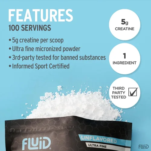 Miniatura 3 de Fluid Creatina - Certificado Informed Sport Polvo de Monohidrato de Creatina Micronizada Ultra-Fin 100% Sin Sabor Porción de 5g Paquete