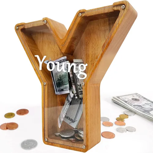 Miniatura 95 de Alcancía para niños y niñas, alcancía grande de madera personalizada con diseño recortado, bancos de monedas con letras del alfabeto, caja de ahorro