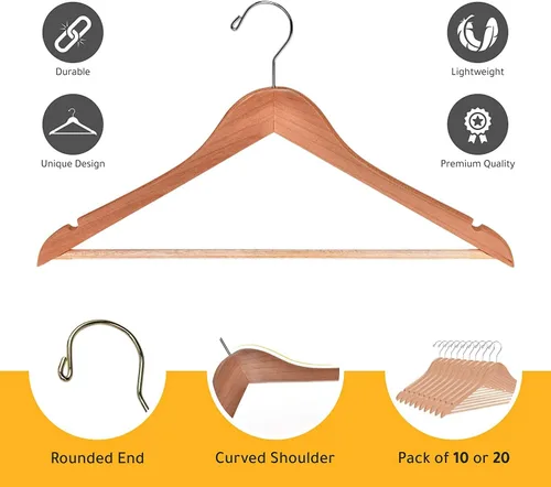 Miniatura 5 de Perchas de madera de calidad, ligeramente curvadas, resistentes con elegantes ganchos cromados, color natural, juego de 80