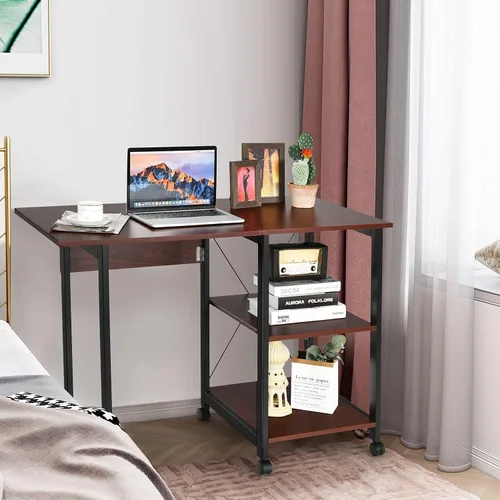 Miniatura 5 de Tangkula Escritorio plegable móvil para computadora, escritorio moderno con estantes de almacenamiento de 2 niveles, escritorio de estudio