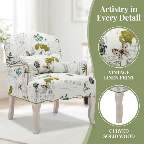 Miniatura 6 de Shunzhi Sillas decorativas florales estilo granja, tapizadas, silla de lectura, moderna de mediados de siglo, sofá individual con almohada