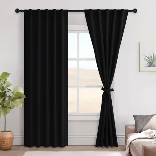 Miniatura 115 de Hiasan Cortinas opacas negras para dormitorio, cortinas opacas cortas de 45 pulgadas de largo, con aislamiento térmico, bolsillo para barra