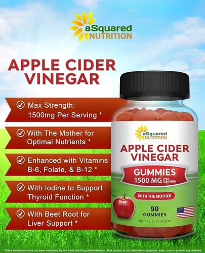 Miniatura 2 de aSquared Nutrition Gomitas de vinagre de sidra de manzana - 1500mg con la madre - 90 gomitas ACV con vitamina B6 y B12, ácido fólico - Suplemento