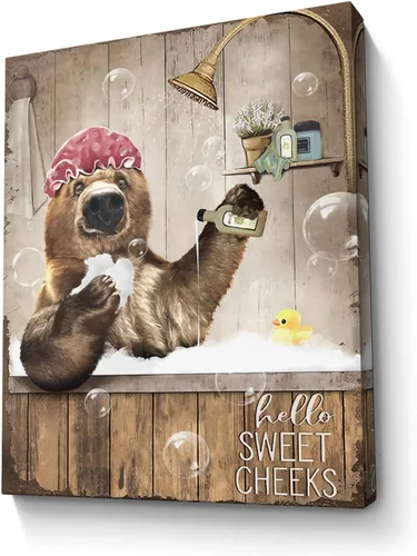 Bonito oso para decoración de baño, arte de pared divertido con estampado de oso de casa de campo, pintura decorativa de pared enmarcada moderna