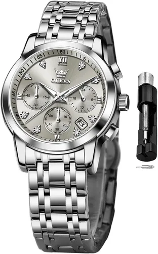 Miniatura 14 de OLEVS Reloj multifuncional de dos tonos para mujer, reloj analógico de cuarzo para mujer, de acero inoxidable, resistente al agua, con diamantes