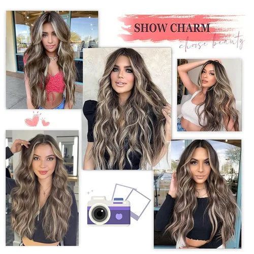 Miniatura 3 de AISI QUEENS Pelucas largas para mujer, onduladas, ombré, raya en medio, color marrón ceniza y rubio decolorado, pelucas rizadas de aspecto natural