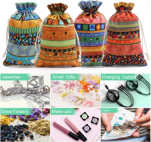 Miniatura 4 de SumDirect Bolsa de arpillera de lino estilo étnico egipcio, 20 bolsas de regalo de 4 x 6 pulgadas con cordón, bolsas de algodón reutilizables