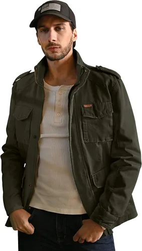 Miniatura 5 de WenVen Chaqueta ligera de estilo militar para hombre, rompevientos de algodón de sarga