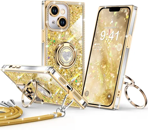 Miniatura 25 de XYZ Funda para iPhone 13, con purpurina brillante con soporte de corazón de 2 anillos y cordón, funda protectora a prueba de golpes con diamantes
