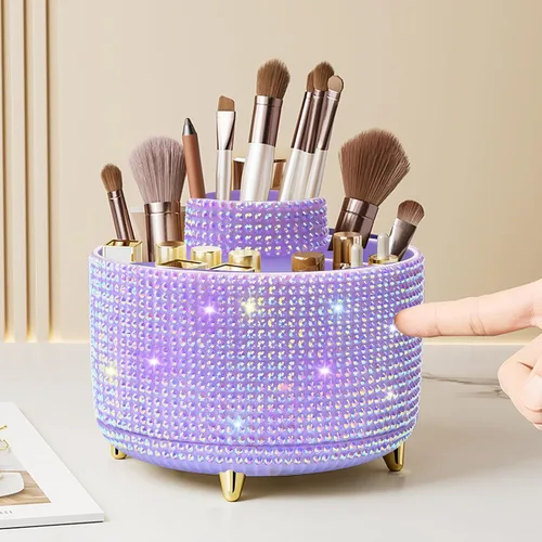 Miniatura 8 de Organizador para brochas de maquillaje, organizador de brochas de maquillaje giratorio 360°, taza con 5 ranuras para brochas de maquillaje
