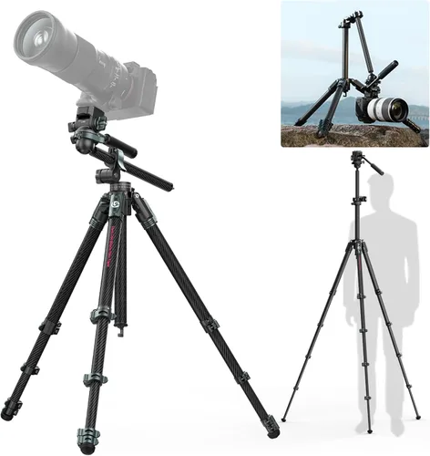 ULANZI JJ06 GlideGo - Trípode de video de fibra de carbono, doble cabezal panorámico de 360°, altura máxima de 73.6 pulgadas, carga de 11 libras,