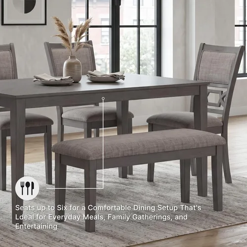 Miniatura 5 de Signature Design by Ashley Wrenning - Juego de mesa de comedor con estampado de diamantes, 4 sillas tapizadas y banco, asientos para 6, madera, gris
