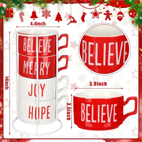 Miniatura 2 de Sliner Juego de 4 tazas de café grandes apilables de Navidad de 10 onzas con estante de porcelana, tazas de café de cerámica con soporte de metal