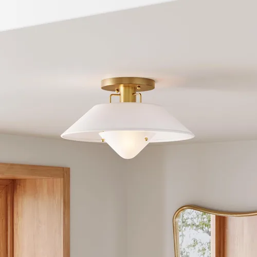 Miniatura 13 de Nathan James Argo - Lámpara de techo semi empotrada al ras, 3 luces, iluminación retro moderna con pantallas redondeadas blancas para pasillo, Latón