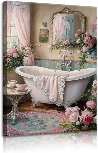 lkjhgf999 Arte de Pared de Lona para Baño con Motivo de Flores Rosas Vintage Pintura de Bañera Cuadros de Pared Decoración Floral Botánica Impresion