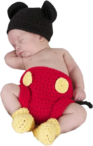 Jastore Fotografía Prop Disfraz de bebé Lindo Crochet Sombrero de punto Gorra Niña Niño Pañal Zapatos Ratón Rojo