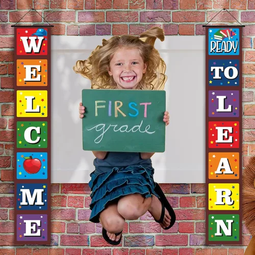 Miniatura 2 de Cartel de bienvenida de regreso a la escuela para el primer día de escuela, decoración colgante listo para aprender, decoración de telón de fondo