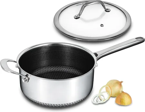 Miniatura 10 de Cacerola híbrida antiadherente de 1.5 cuartos de galón con tapa, olla de panal de acero inoxidable con dos boquillas de vertido, compatible