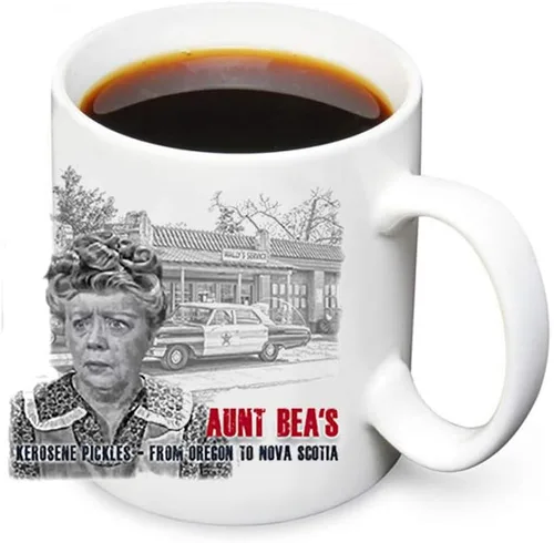 Brotherhood Mayberry Mt Airy Sheriff Aunt Bea's Pickles Oregon Nueva Escocia Wally's Service Andy Griffith - Tazas de café de cerámica blanca de 11