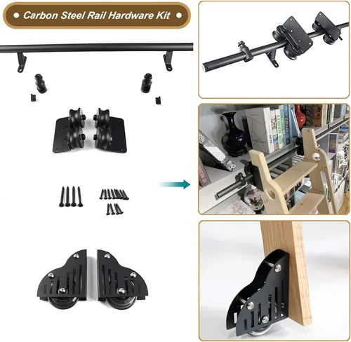 Miniatura 2 de Kit de rodamiento de escalera de biblioteca Kit de accesorios de riel deslizante, sistema de riel de escalera, kit de riel de puerta corrediza