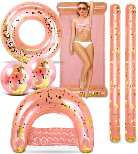 Miniatura 7 de POZA Paquete inflable para casa completa – Tubo flotante de 36 pulgadas con confeti brillante de alta calidad, bolas de playa de 16 pulgadas, fideos